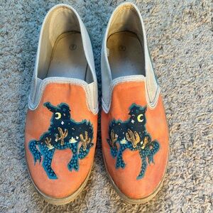 Women's Orange Slip-On Loafers with Cowboy Design